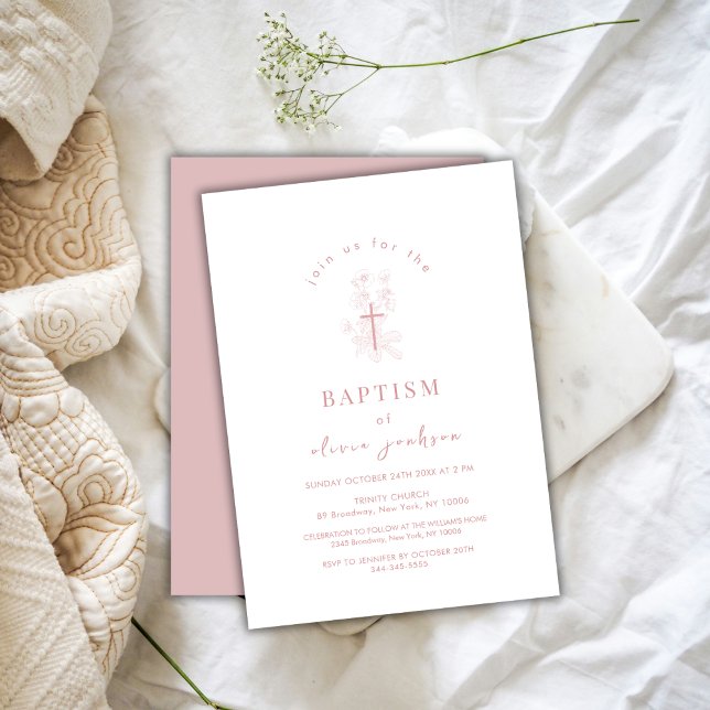 Dusty Rose Flower Cross Christening Girl Baptism  Invitation (Dusty Rose Flower Cross Christening Girl Baptism Invitation)