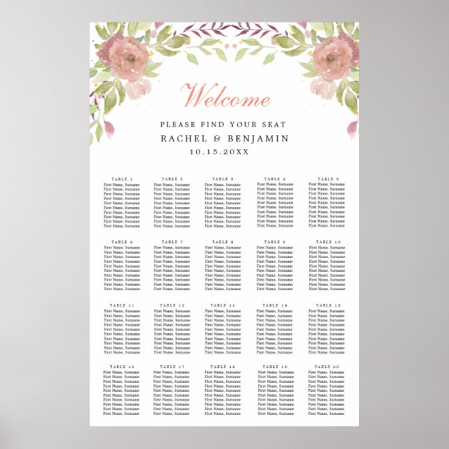 dusty rose flower watercolor wedding seating chart (Front)