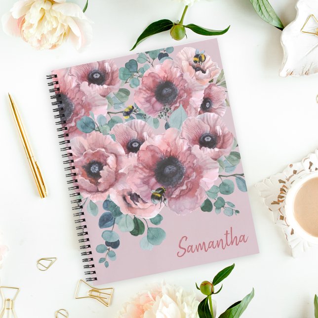 Dusty Rose Flowers and Bees Notebook (Brighten up your school day or journaling time with this pretty notebook.)