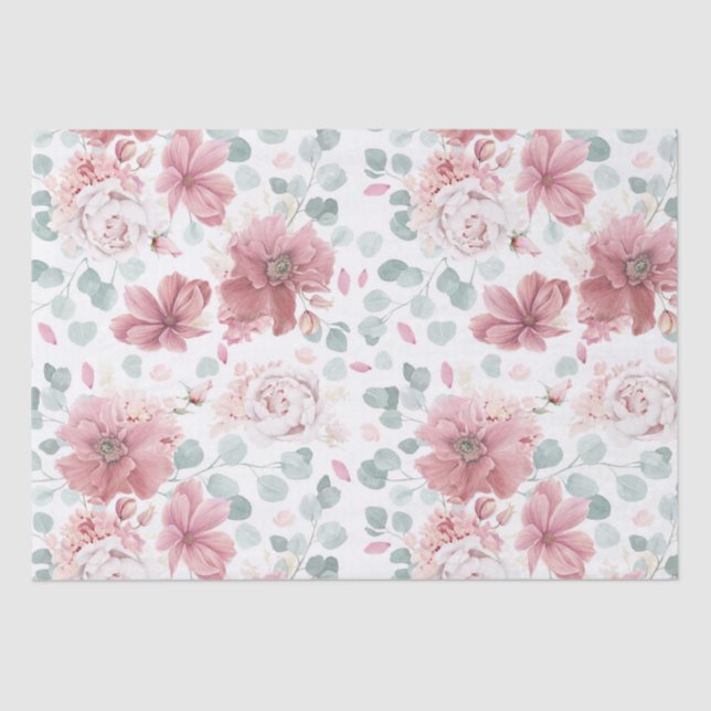 Dusty Rose Flowers and Greenery Elegant Tissue Paper (Front)
