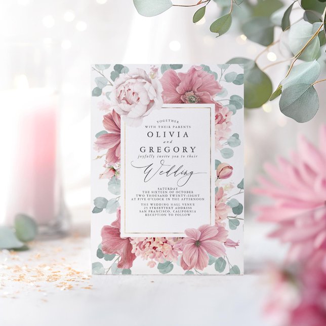 Dusty Rose Flowers and Greenery Elegant Wedding Invitation (Dusty Pink Flowers Wedding Invitations)