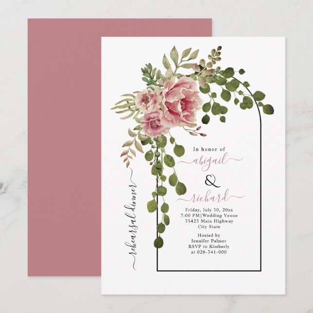 Dusty rose flowers arch wedding rehearsal dinner invitation (Front/Back)