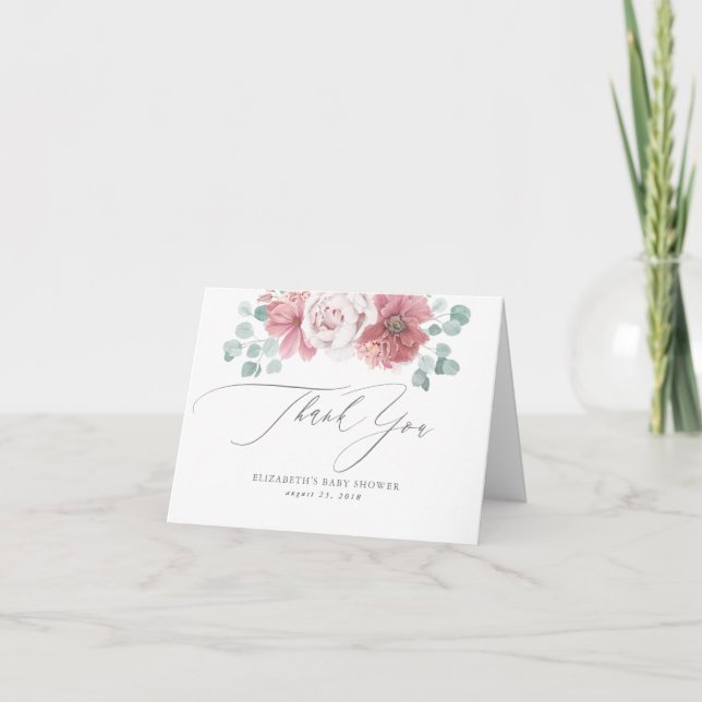 Dusty Rose Flowers Baby Shower Thank You (Front)