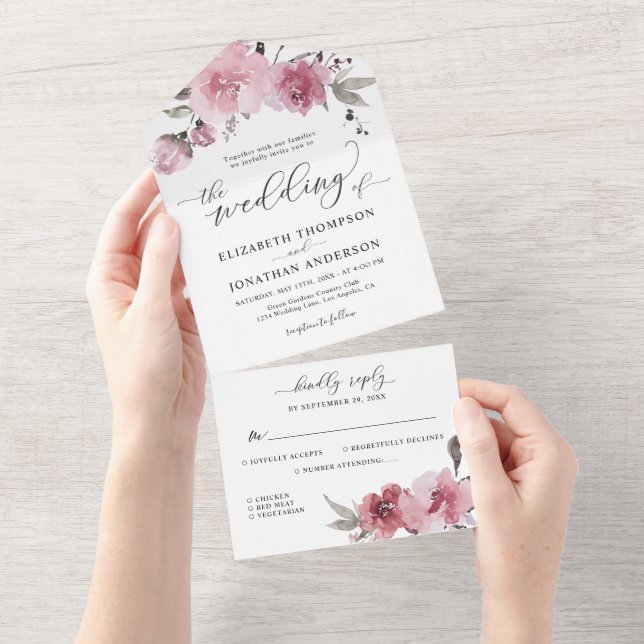 Dusty Rose Flowers Blush Pink Floral Wedding RSVP All In One Invitation (Tearaway)