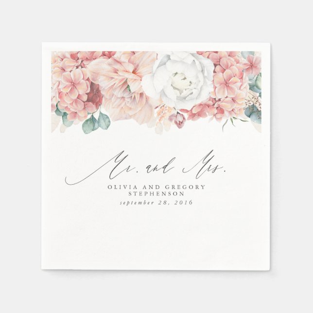 Dusty Rose Flowers Elegant Botanical Mr and Mrs  Napkin (Front)