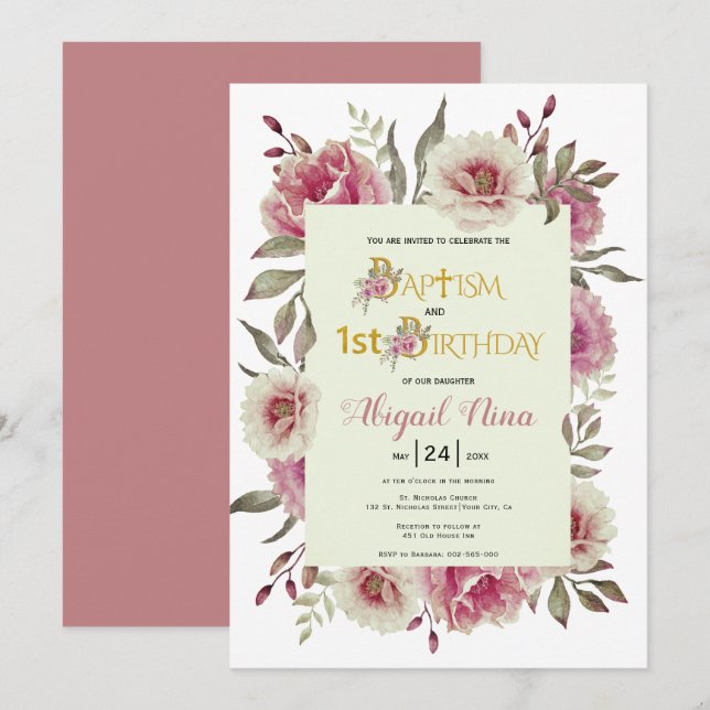 Dusty rose flowers girl baptism and 1st birthday  invitation (Front/Back)