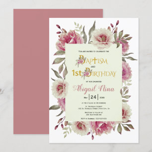 Dusty rose flowers girl baptism and 1st birthday invitation