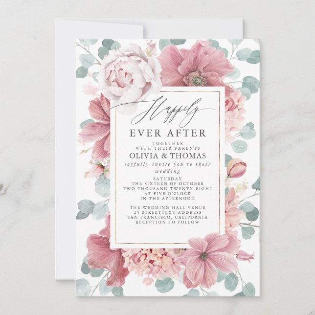 Dusty Rose Flowers Happily Ever After Wedding Invitation (Front)