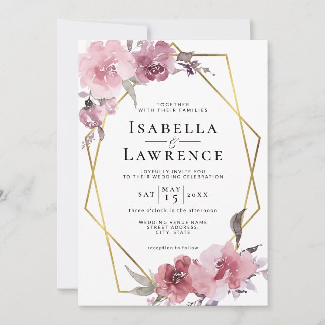 Dusty Rose Flowers Pink Floral Gold Foil Wedding Invitation (Front)