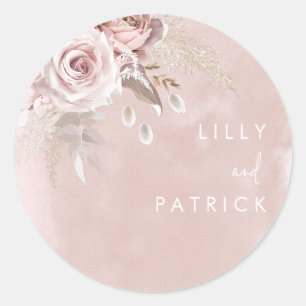 Dusty Rose Flowers Watercolor Blush Wedding Engage Classic Round Sticker