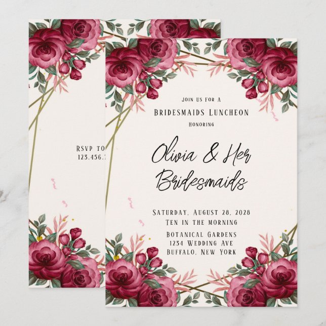 Dusty Rose Geometric Floral Bridesmaids Luncheon Invitation (Front/Back)