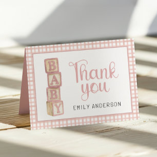 Dusty Rose Gingham Baby Thank You Card Blocks