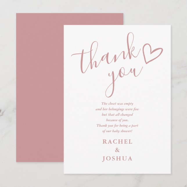 Dusty Rose Girl Baby Shower Script Heart Poem Thank You Card (Front/Back)