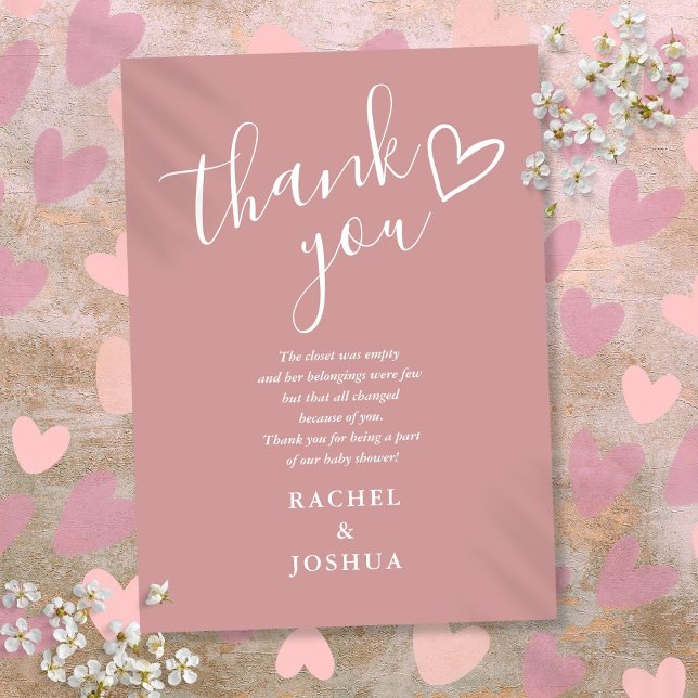 Dusty Rose Girl Baby Shower Script Heart Poem Thank You Card (Dusty Rose Girl Baby Shower Script Heart Poem Thank You Card)