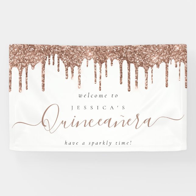Dusty Rose Glitter Drips Welcome to Quinceañera Banner (Horizontal)