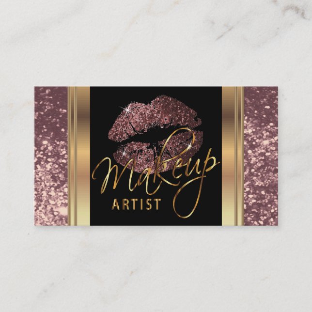 Dusty Rose Glitter Lips and Elegant Gold Script Business Card (Front)