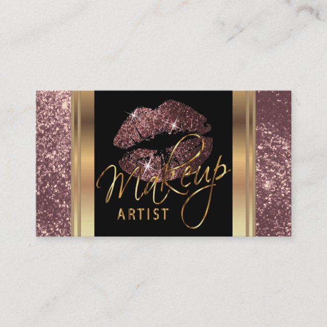 Dusty Rose Glitter Lips and Elegant Gold Script Business Card (Front)