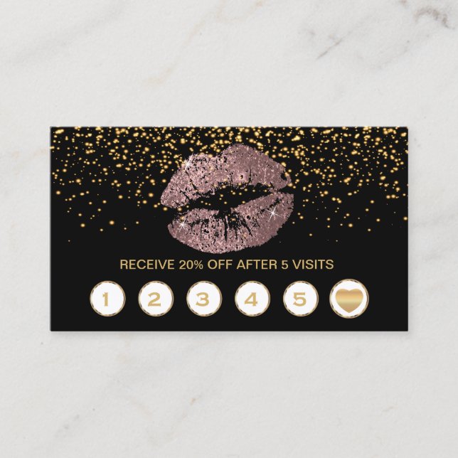 Dusty Rose Glitter Lips Loyalty Cards on Black (Front)