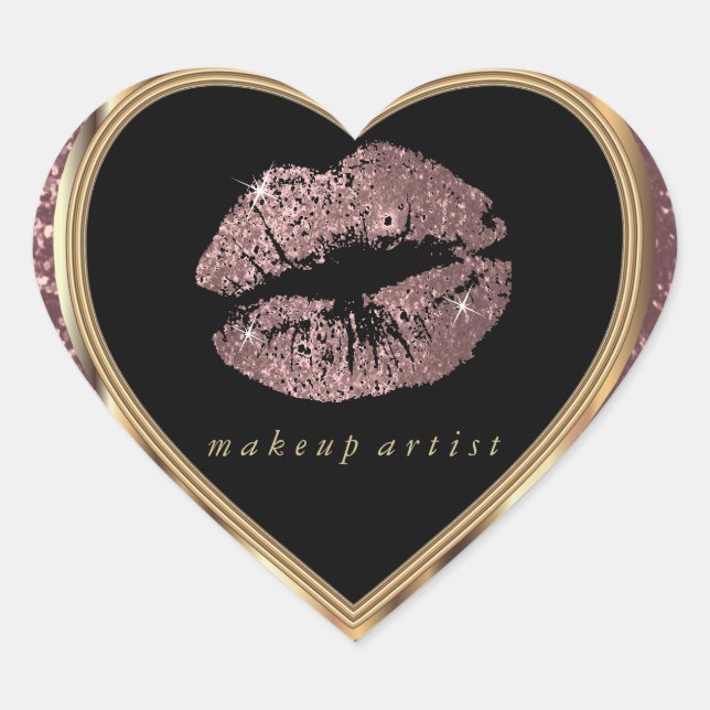 Dusty Rose Glitter Love Lips and Gold Font Heart Sticker (Front)
