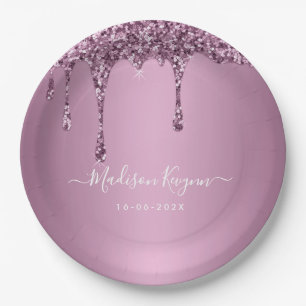 Dusty Rose Glitter Wedding Paper Plate