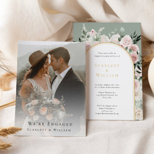 Dusty Rose Gold Arch Sage Photo We're Engaged Invitation