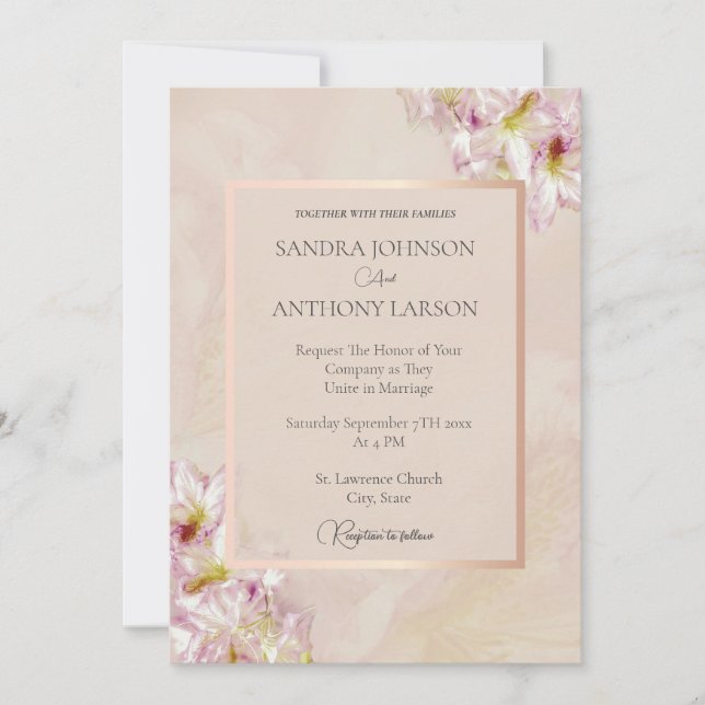Dusty Rose Gold Azalea Wedding Invitation (Front)
