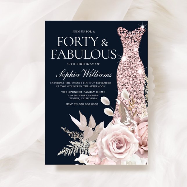 Dusty Rose Gold Blush Dress Floral 40th Birthday Invitation (Creator Uploaded)