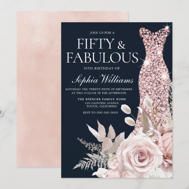 Dusty Rose Gold Blush Dress Floral 50th Birthday  Invitation (Front/Back)
