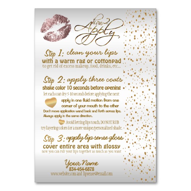 Dusty Rose & Gold Confetti Lip Instructions 2 Table Number (Front)