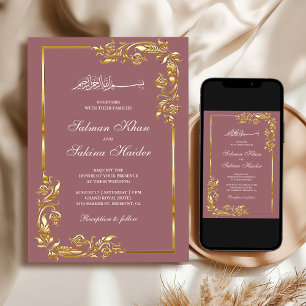 Dusty Rose Gold Floral Border Islamic Wedding Invitation