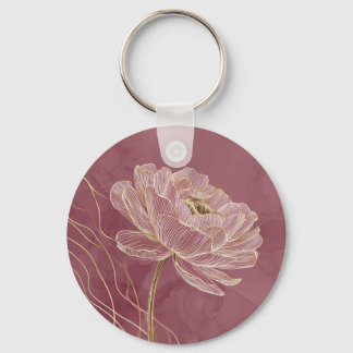 Dusty Rose Gold Floral Line Art Elegant Key Ring