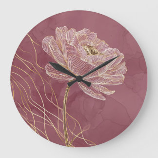 Dusty Rose Gold Floral Line Art Minimalist Large Clock