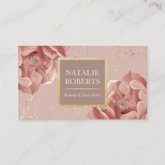 Dusty Rose Gold Floral Makeup Artist Hair Salon Business Card (Front)