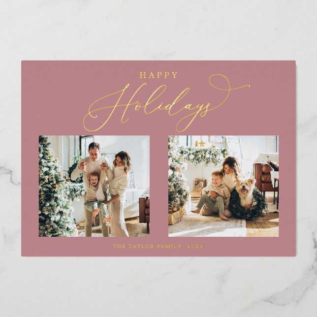 Dusty Rose Gold Foil Happy Holidays Christmas Foil Holiday Card (Front)