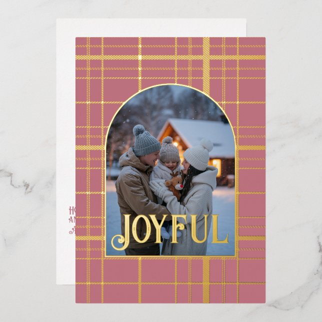 Dusty Rose & Gold Gingham Christmas Holiday Photo (Front/Back)