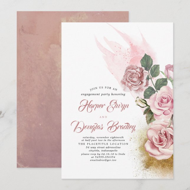 Dusty Rose & Gold Glitter Floral Engagement Party Invitation (Front/Back)