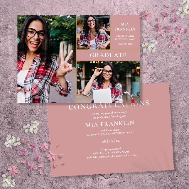 Dusty Rose Gold Graduate 3 Photo Graduation Announcement (Dusty Rose Gold Graduate 3 Photo Graduation Announcement)