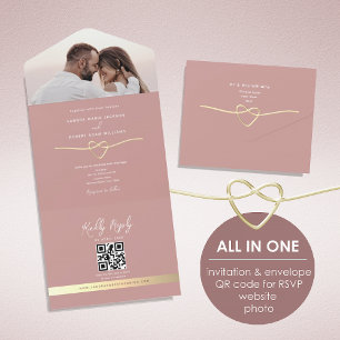Dusty Rose Gold Heart Photo Wedding All In One Invitation