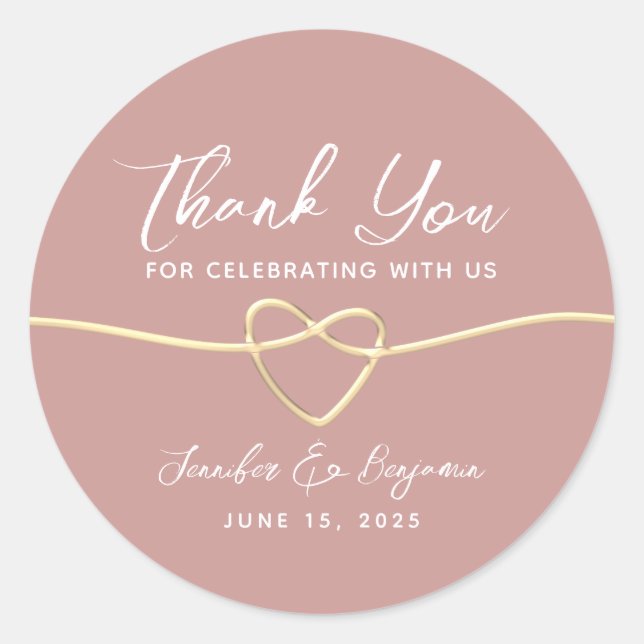Dusty Rose Gold Heart Wedding Thank You Classic Round Sticker (Front)
