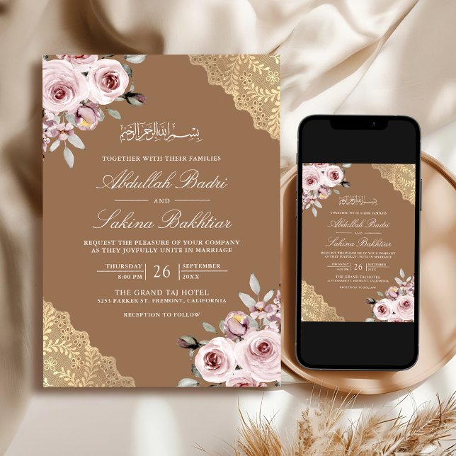 Dusty Rose Gold Lace QR Code Beige Muslim Wedding Invitation (Creator Uploaded)