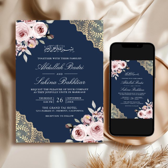 Dusty Rose Gold Lace QR Code Navy Muslim Wedding Invitation (Creator Uploaded)