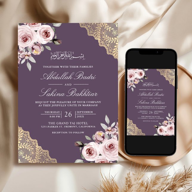 Dusty Rose Gold Lace QR Code Purple Muslim Wedding Invitation (Creator Uploaded)