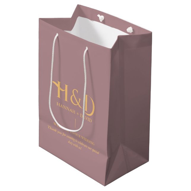 Dusty Rose & Gold Monogram Wedding Welcome Guest  Medium Gift Bag (Front Angled)