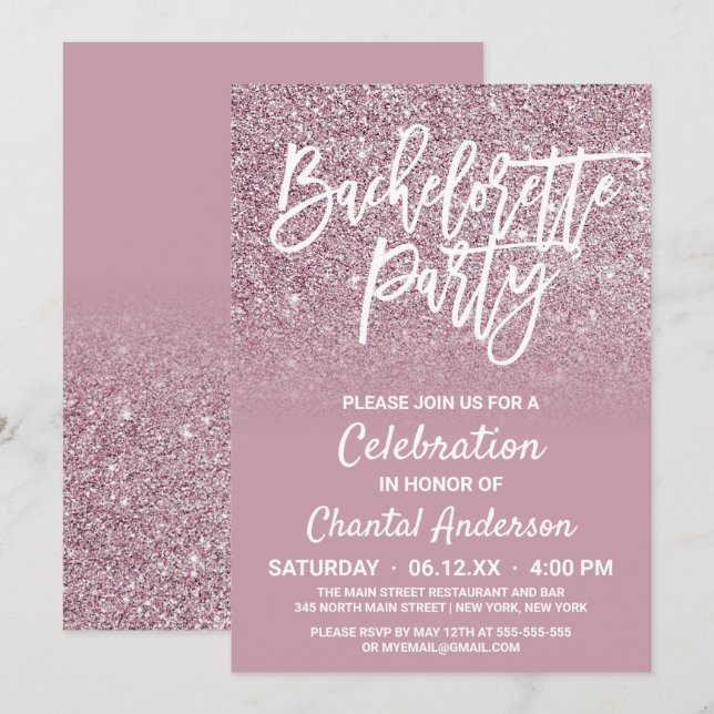 Dusty Rose Gold Pink Glitter Ombre Bachelorette Invitation (Front/Back)