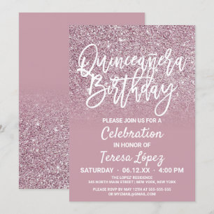 Dusty Rose Gold Pink Glitter Ombre Quinceañera Invitation