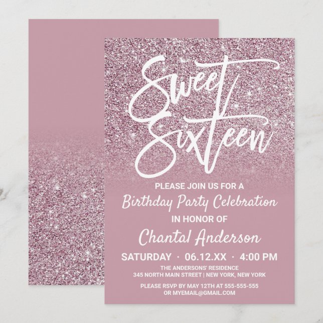 Dusty Rose Gold Pink Glitter Ombre Sweet Sixteen Invitation (Front/Back)