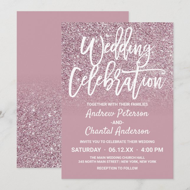 Dusty Rose Gold Pink Glitter Ombre Wedding Invitation (Front/Back)