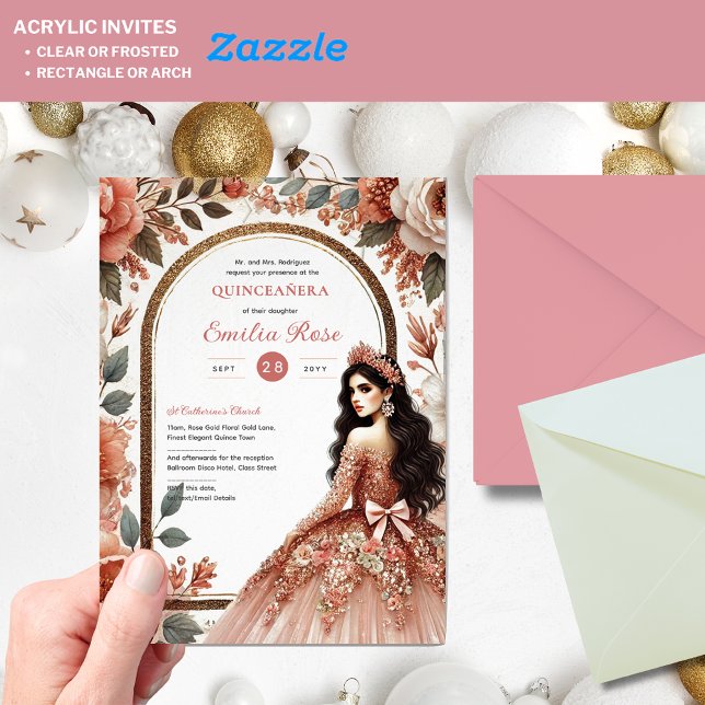 Dusty Rose Gold Quinceañera Dress Floral Quince Acrylic Invitations (Creator Uploaded)