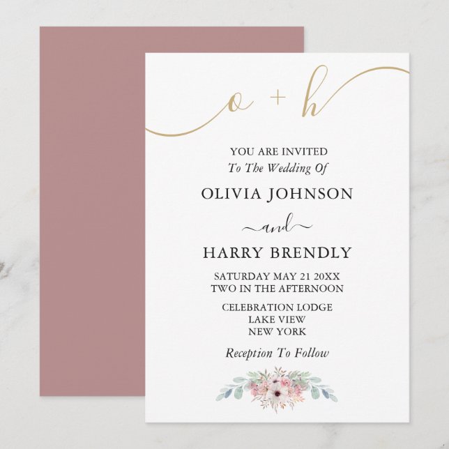 Dusty Rose Gold Rustic Eucalyptus Wedding Invite (Front/Back)