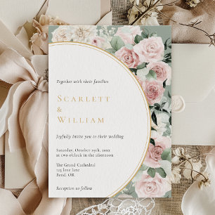 Dusty Rose Gold Sage Green Vintage Floral Wedding Invitation